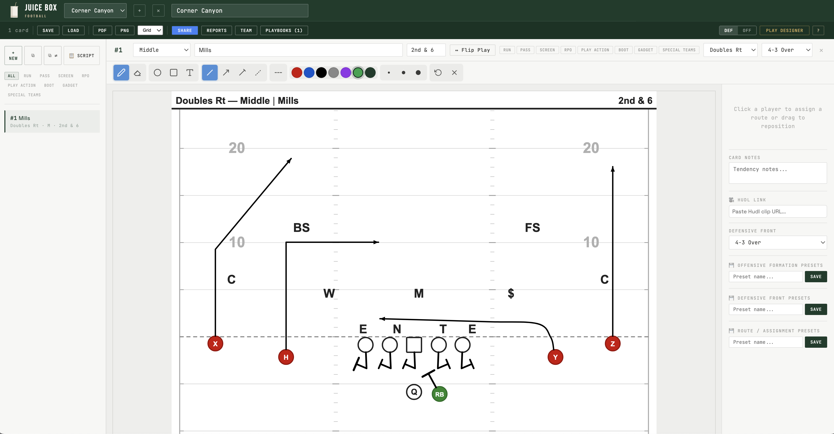 Juicebox Football editor showing a scout card with formations, routes, and defensive overlay